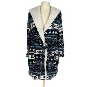 SECRET TRESURES | Blue Fair Isle Print Fleece Holiday Hooded Robe | Junior 4-6